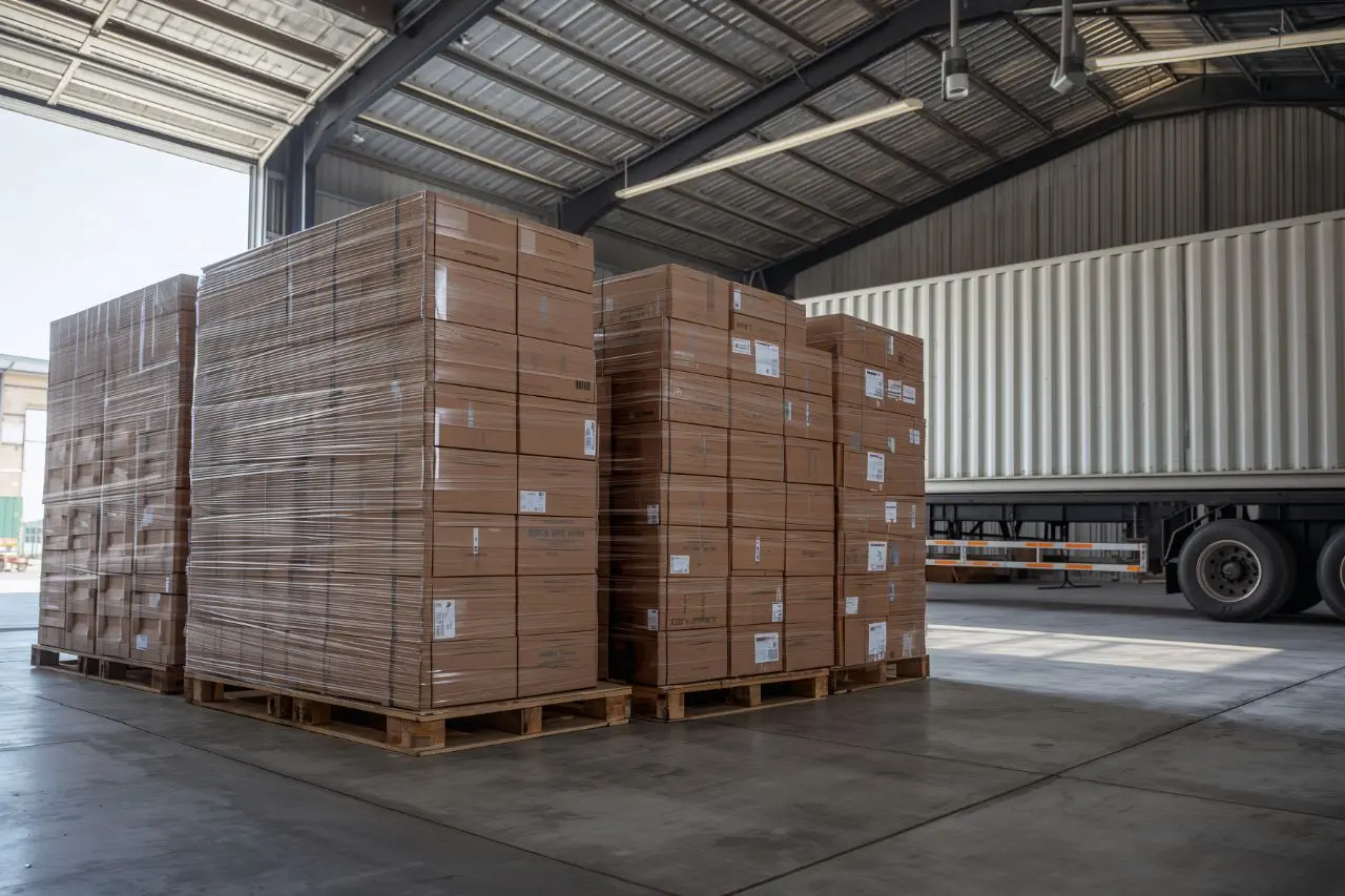 Caixas empilhadas em armazém para transporte internacional
